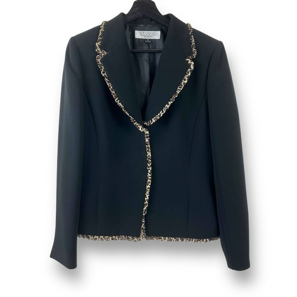 Studio Tahari Women's 8 Cheetah Print Trim Black‎ Blazer Jacket Elevated Basic